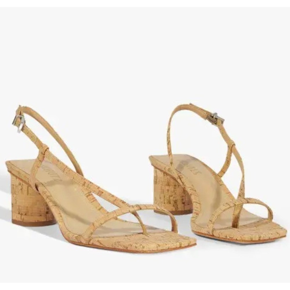 Schutz Size 6.5 Heloise Mid Block Cork Strappy Slingback Sandals Square‎ Toe Tan